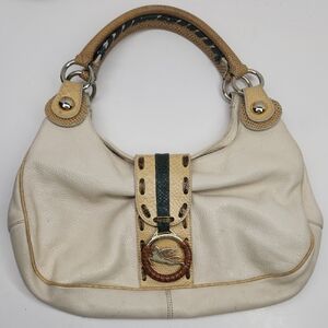 Etro Cream Leather Hobo with Green Accent and Tan Trim